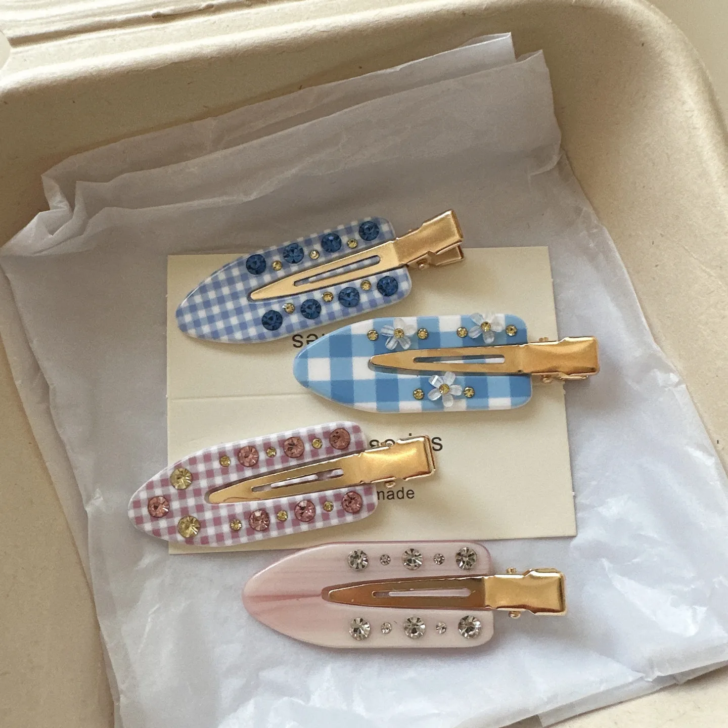 Plaid Print Rhinestone Barrettes Invisible Side Clips for Women Sweet Girl Bang Holder Broken Hair Fix Non Slip Portable