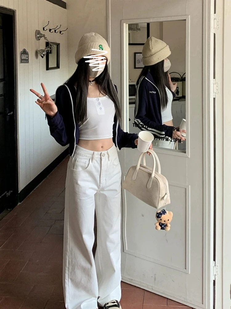 

Simple White Wide Leg Loose Jeans Women's Spring Summer New High Waist Slimming Straight Leg Pants Drapey Long Trousers