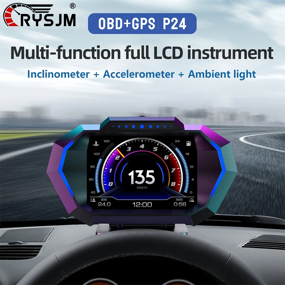 

P24 OBD + GPS HUD OBD Проекционный дисплей на лобовое стекло автомобиля, бортовой компьютер, цифровой спидометр, показатель расхода топлива, температура воды, напряжение, измеритель угла наклона