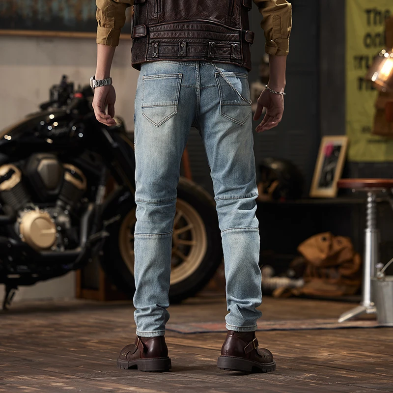2024 New Retro Nostalgic Stitching Motorcycle Jeans Men's Slim Fit Skinny Elastic Trend Skinny Trousers