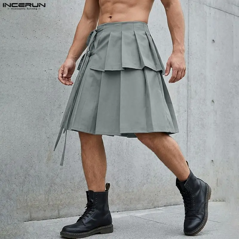 INCERUN Men's Skirts Pleated Solid Color Lace Up Casual Men Bottoms Streetwear Summer Personality 2026 Fashion Skirts For Man