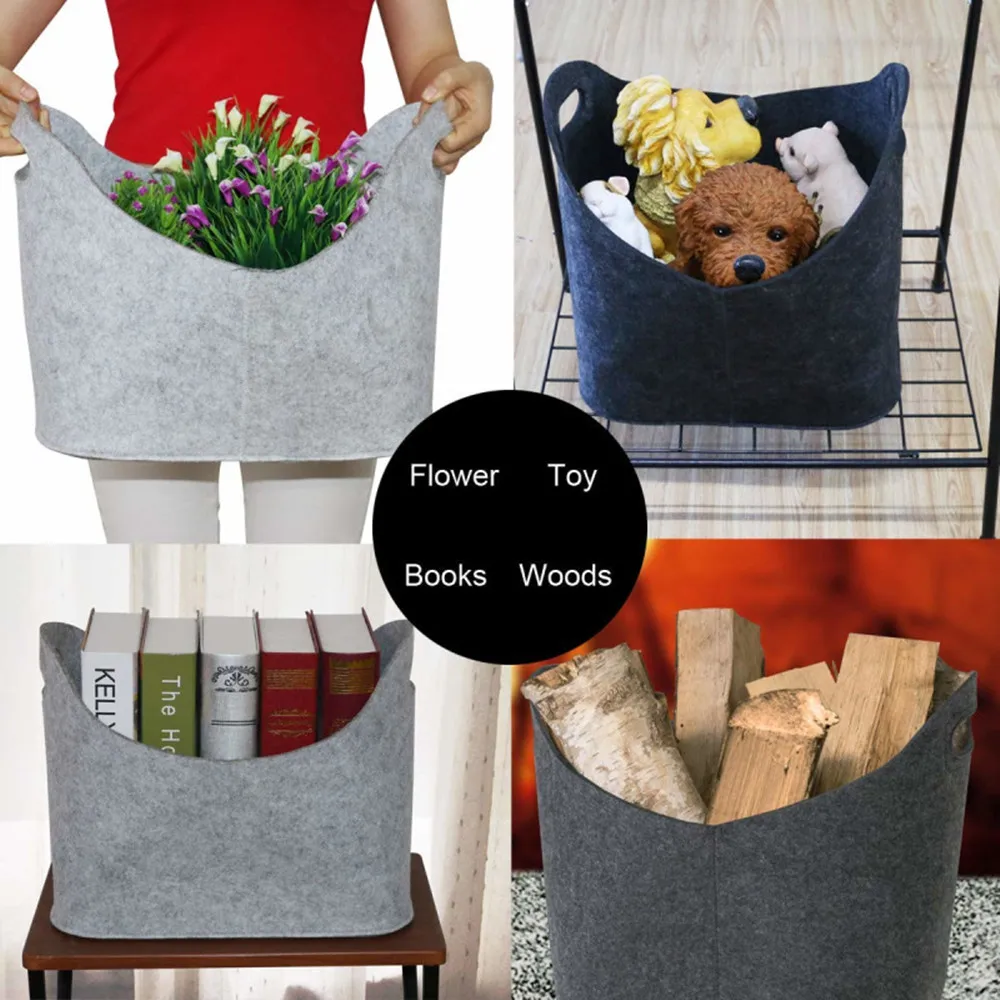 Felt Storage Basket Durable Firewood Felt Basket Felt Storage Basket With Handle Convenient To Use Foldable Open Storage