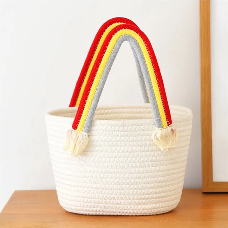 Handwoven Colorful Bag Bucket Bag Cosmetics Storage Bag Cotton Thread Storage Basket Picnic Carrying Basket