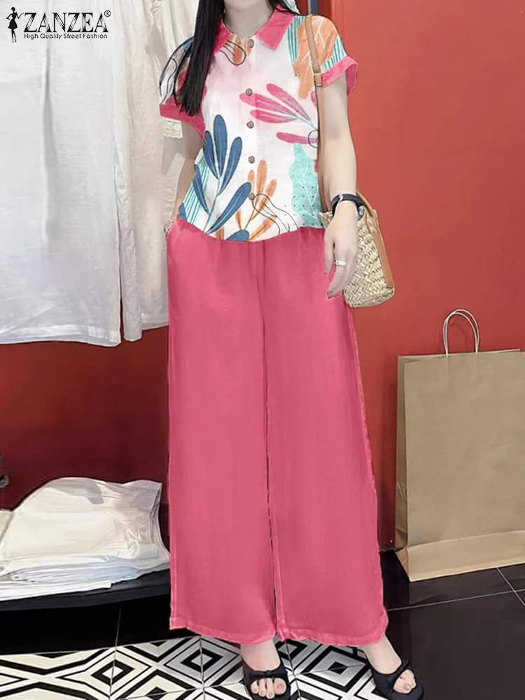 ZANZEA สั้น SeeveSets ผู้หญิงวินเทจพิมพ์เสื้อกางเกงขายาวชุด 2025 ฤดูร้อนชุดลําลอง Elegant OL ทํางานชุดการจับคู่