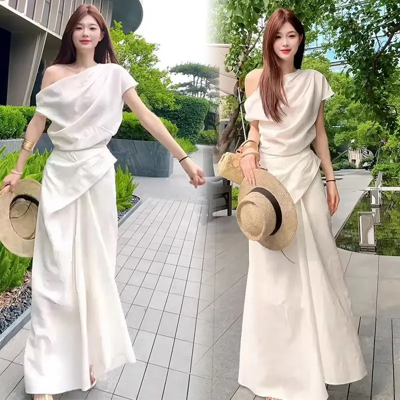 

Slimming High Waist Knot Design Two Piece Set Women's Fashionable Simple Summer Outfit Asymmetrical Halter Neck Dress