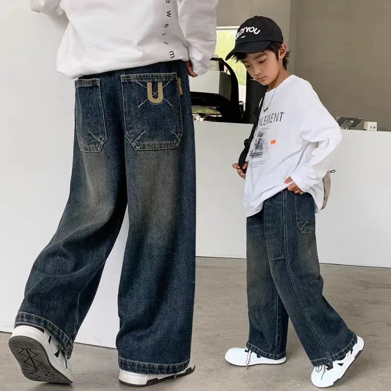 

2025 New Boys' Loose Straight-Leg Jeans for Tween Boys - Kids' Fall/Spring Long Pants, Trendy Denim Longwear