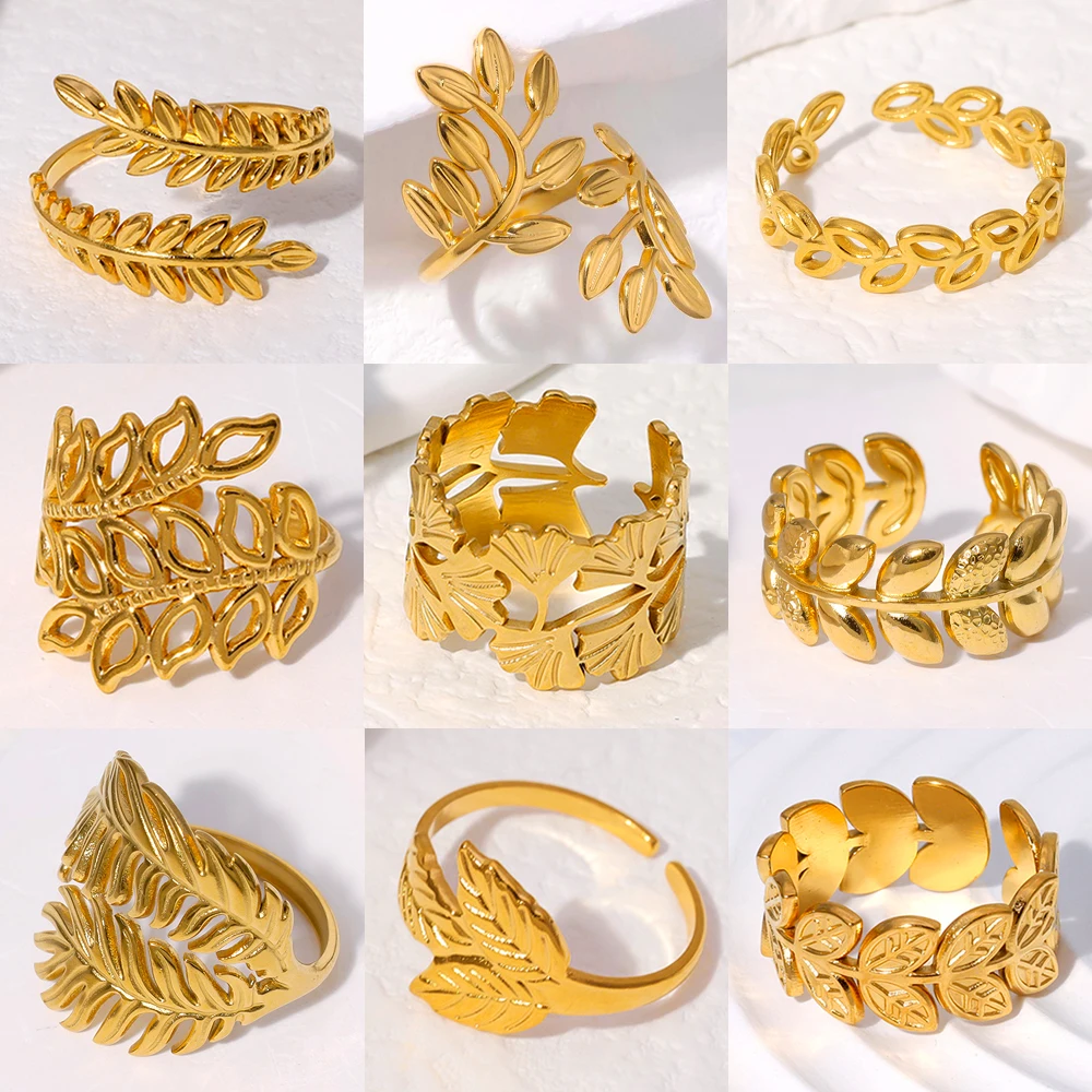 316L Stainless Steel Leaf Rings for Women Gold Color Plated Adjustable Simple Open Ring Finger No Fading Jewelry Wholesale