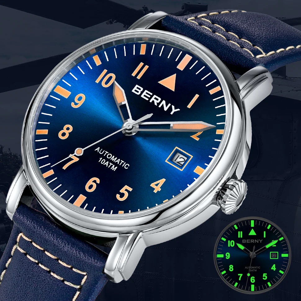 BERNY Pilot Automatic Watch Men Mechanical Luminous Army Military Vintage Watch Sapphire Waterproof 100m Diver Wristwatch Men