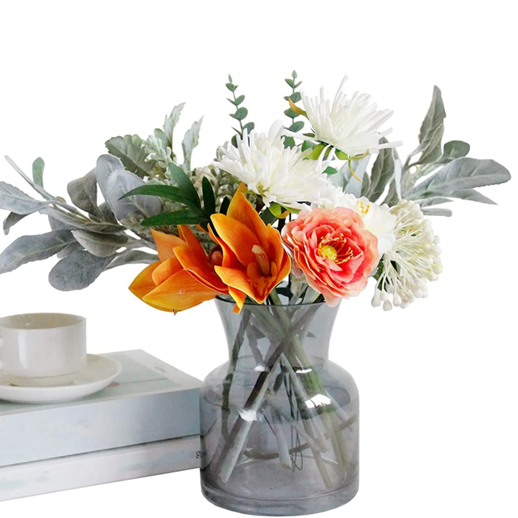 

B28C-60 Pcs Artificial Flocked Lambs Ear Leaves Dusty Miller Stems Flocked Oak Leaves Lamb's Ear Leaf For Home Wedding DIY