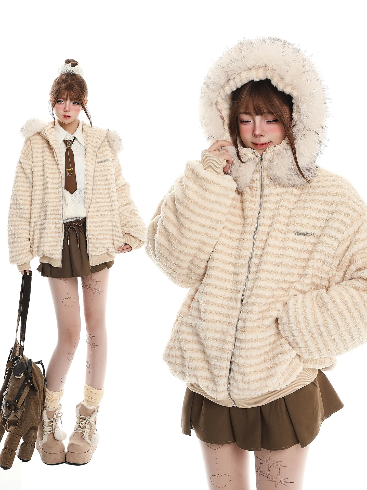 

Korean Sweet Striped Hooded Cotton Jaet Women's Winter Clothes Fluffy Thiened Warm Cotton Coat Outerwear with Zipper