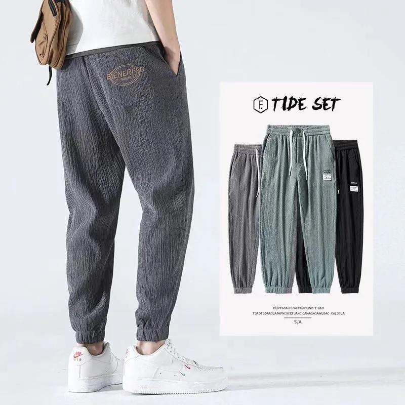 

Ice Silk Men's Summer Casual Pants Lightweight Spor Loose Fit Cool Feeling Thin Linen Long Trousers Faionable Trendy Sle