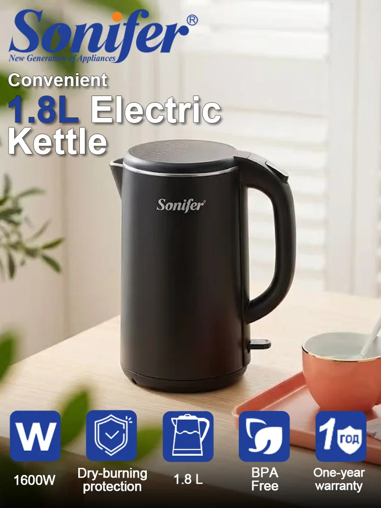 

Sonifer SF-2091 Electric Kettle 1.8L 304 Seamless Stainless Steel Liner 1600W Fast Boil Tea Pot Anti-Dry Safety Protection 360