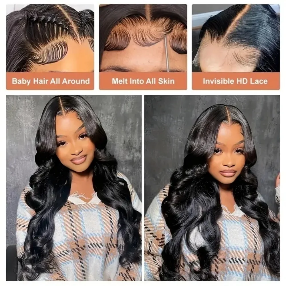 Pelucas de cabello humano Frontal de encaje ondulado 13 × 6, Color Natural transparente de 220 de densidad, prearrancado con peluca Frontal de pelo de bebé para mujer 1B