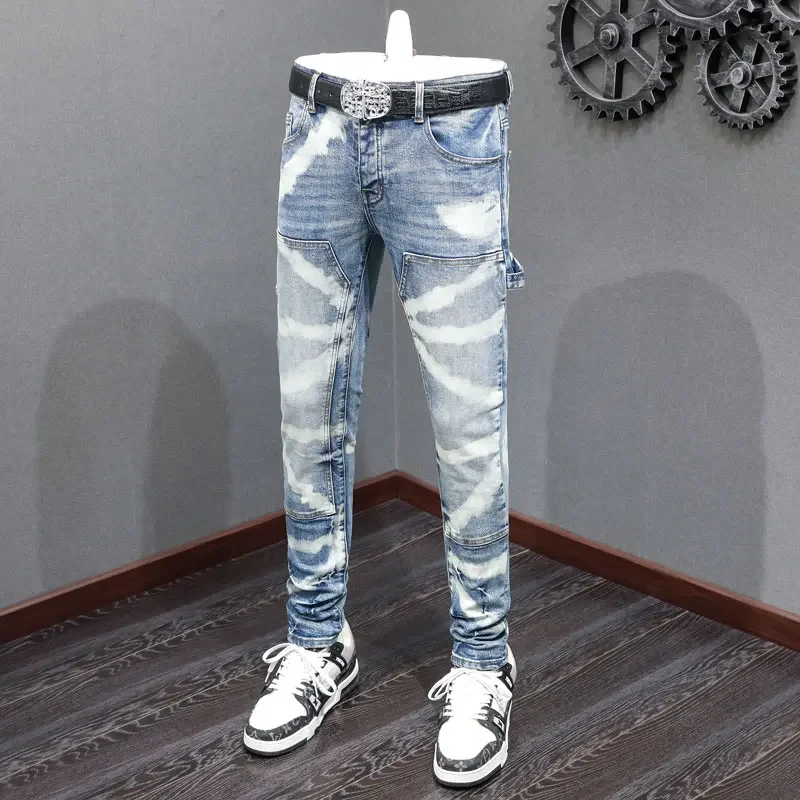 High Street Fashion Men Jeans Retro Blue Stretch Skinny Fit Hip Hop Jeans Men Multi Pockets Spliced Designer Brand Pants Hombre