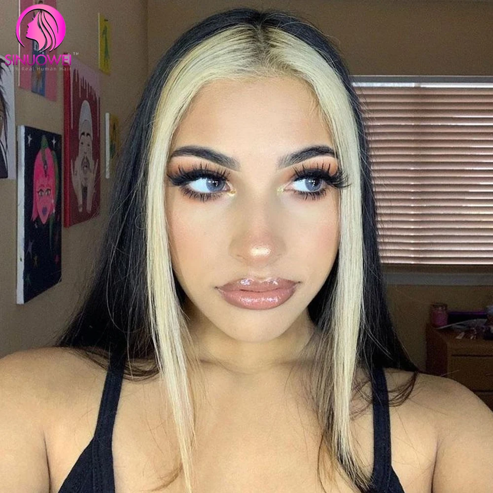 Highlight Blonde Wig 13x4 Lace Frontal Stripe Wig Natural Black with 613 Blonde Color Highlight Straight Hair Lace Front Wigs