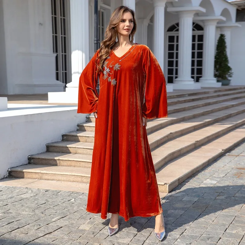 SuperAen Robe longue pour femme, nouvelle collection automne-hiver, en velours, avec motif diamants et fleurs, coupe ample trapèze