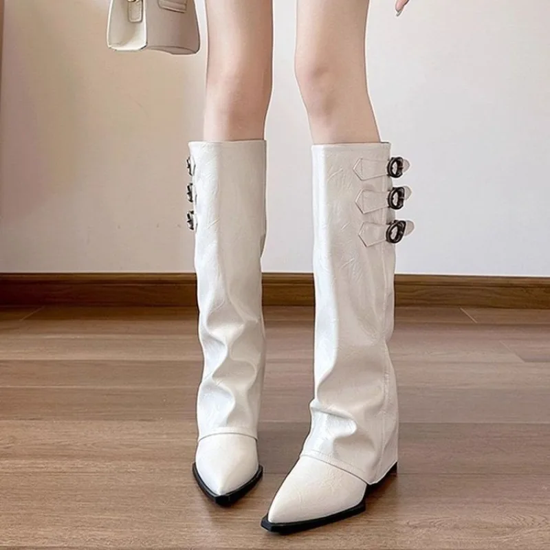 Women Pointed Toe Knee High Slouch Boots Faux Suede Multi Metal Buckle Straps Fold Over Cuff Retro Western Cowgirl Tall Boots view 2