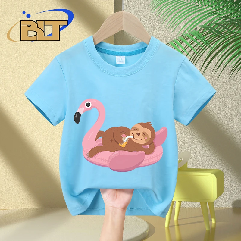 Chilling Sloth on Flamingo Float printed kids T-shirt summer pure cotton short-sleeved casual tops for boys and girls