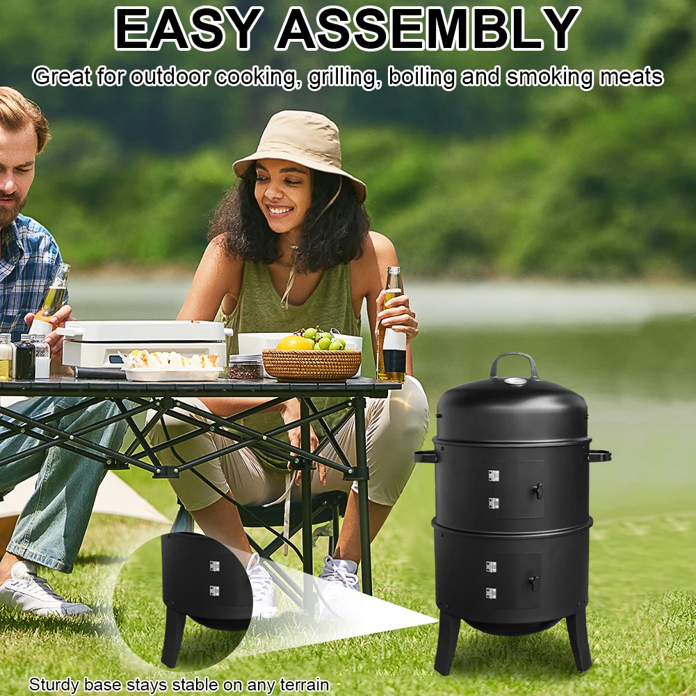 Vertical Charcoal Smoker with Built-in Thermometer BBQ Smoker Grill 2 Access Doors Round BBQ Grill for Outdoor Cooking Camping