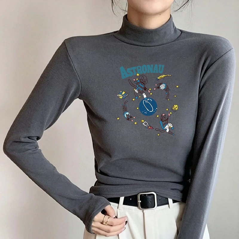 Winter Women's Thermal Brushed Fleece Half Mock Neck Long Sleeve T Shirt Astronaut Cats in Space Graphic Warm Slim Tee