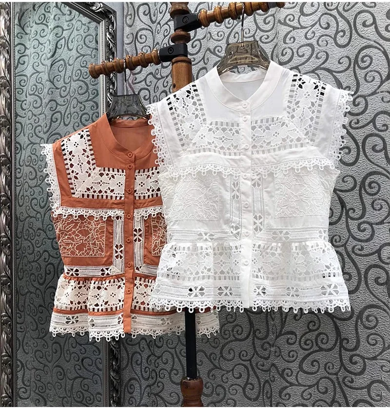 

100%Cotton Shirt 2024 Summer Fashion White Orange Shirt Women Allover Crochet Lace Embroidery Ladies Vintage Tops Shirt Blouse