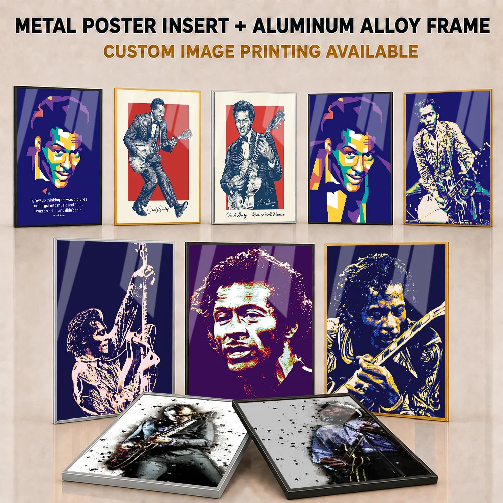 Chuck Berry Framed Metal Poster Personalized Photo Iconic Rock Legend Tribute Style Wall Art For Music Studio Collector Gift