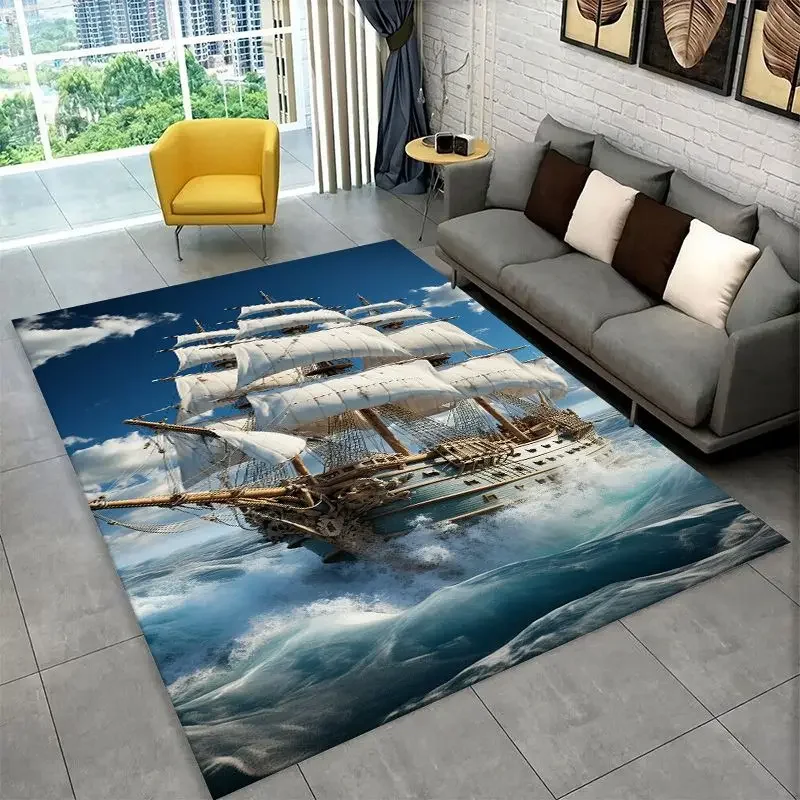 Storm Pirate Ship Boat Barque Large Area Rug Non-slip Durable Carpet for Bedroom Living Room Sofa Doormat Home Decor Floor Mat