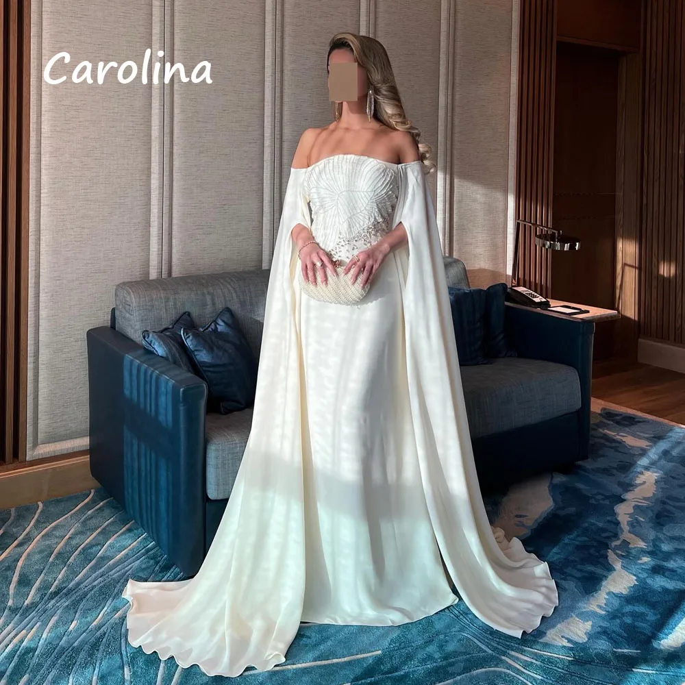 Carolina Ivory Boat Neck Beading Mermaid Formal Evening Dress Saudi Arabia 2024 Slim Crepe Long Floor-Length Prom Dress