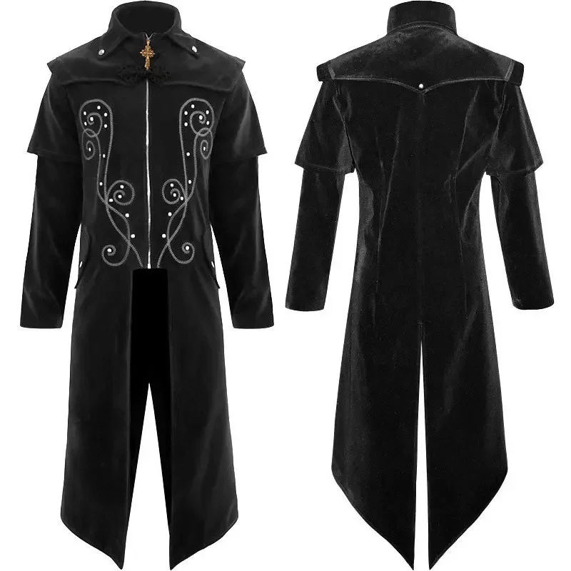 

Men Medieval Trench Gothic Coats Retro Stand Collar Cross Zipper Renaissance Costume Renaissance Uniform Long Jacket