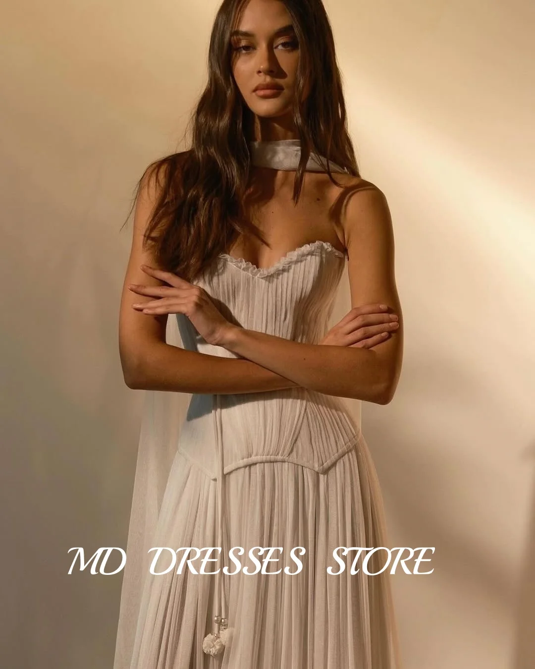 MD-Robe de Mariée Trapèze en Mousseline de Soie, Tenue de Soirée Personnalisée avec Traîne