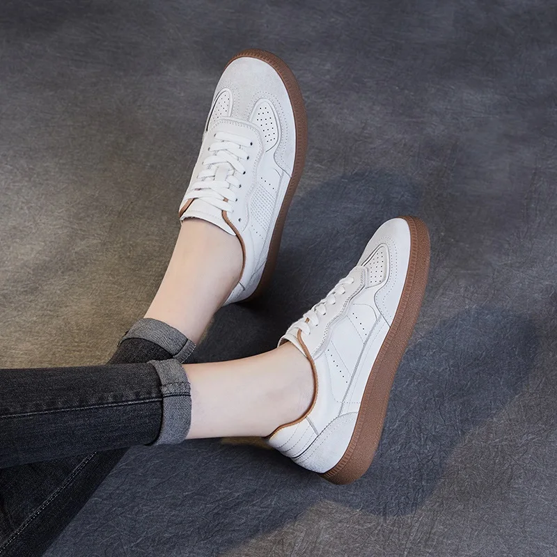 DRKANOL 2024 Concise Casual Sneakers Board Shoes Women Spring Summer Solid Color Genuine Leather Lace-Up Casual Flat Shoes Beige