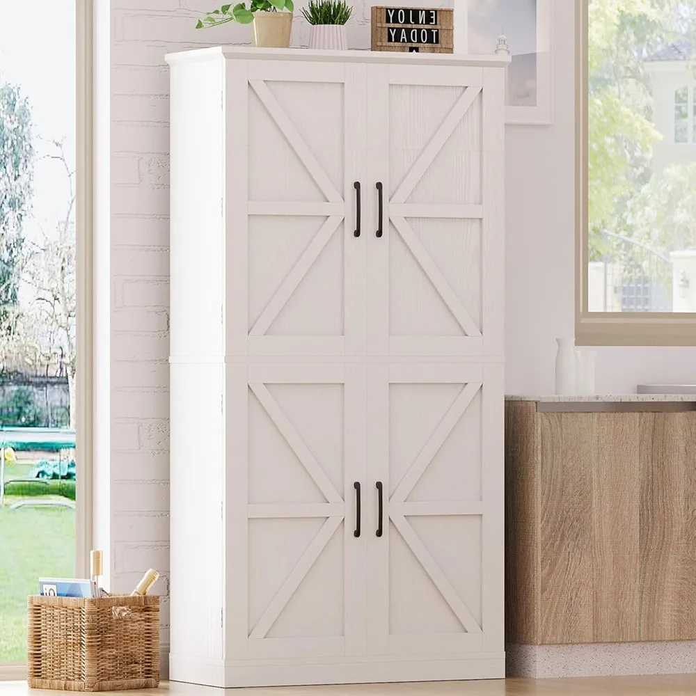 

Kitchen Pantry Storage Cabinet 72.8" H, 4 Barn Doors with Storage Rack, 4 Adjustable Shelves, Freestanding Cupboard for Dining