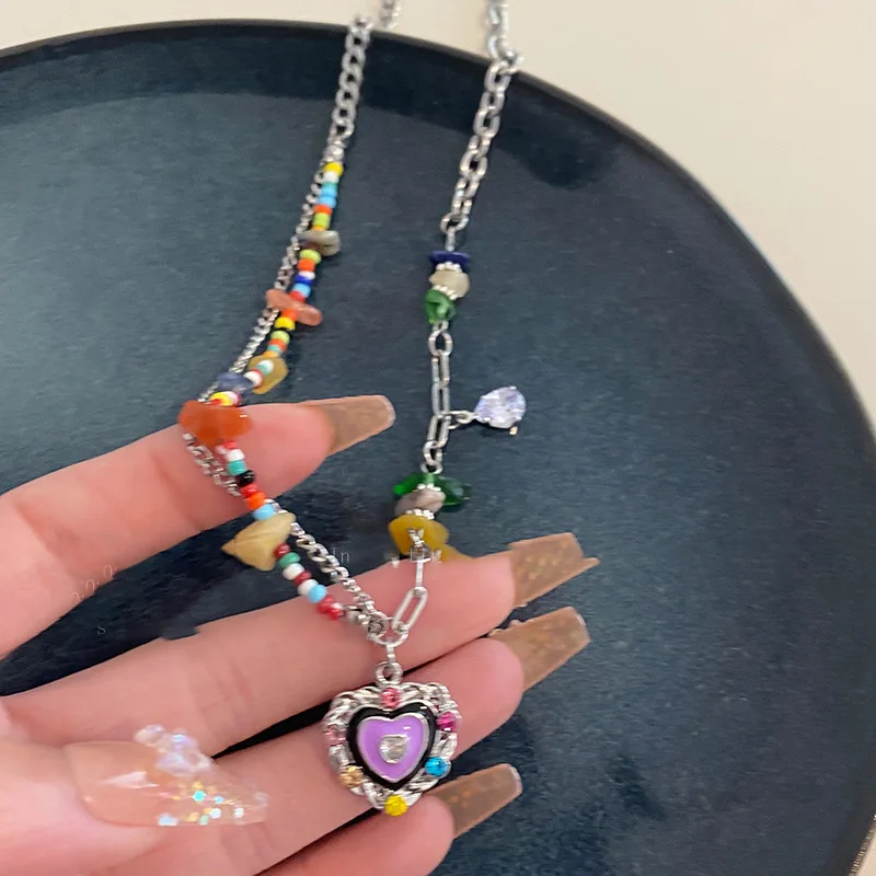 Colorful Diamond Love Heart Natural Water and Rice Bead Stitching Necklace is Niche and Versatile