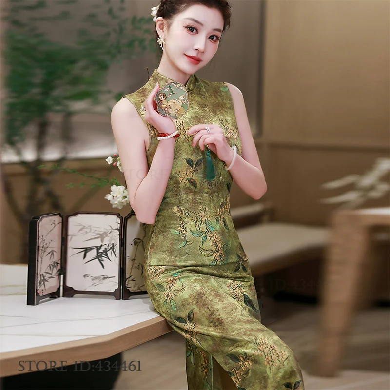 

Traditional Women's Long Cheongsam Chinese Dress Sexy Sleeveless Slim Qipao Performance Costumes Print Floral Vestidos Big Size