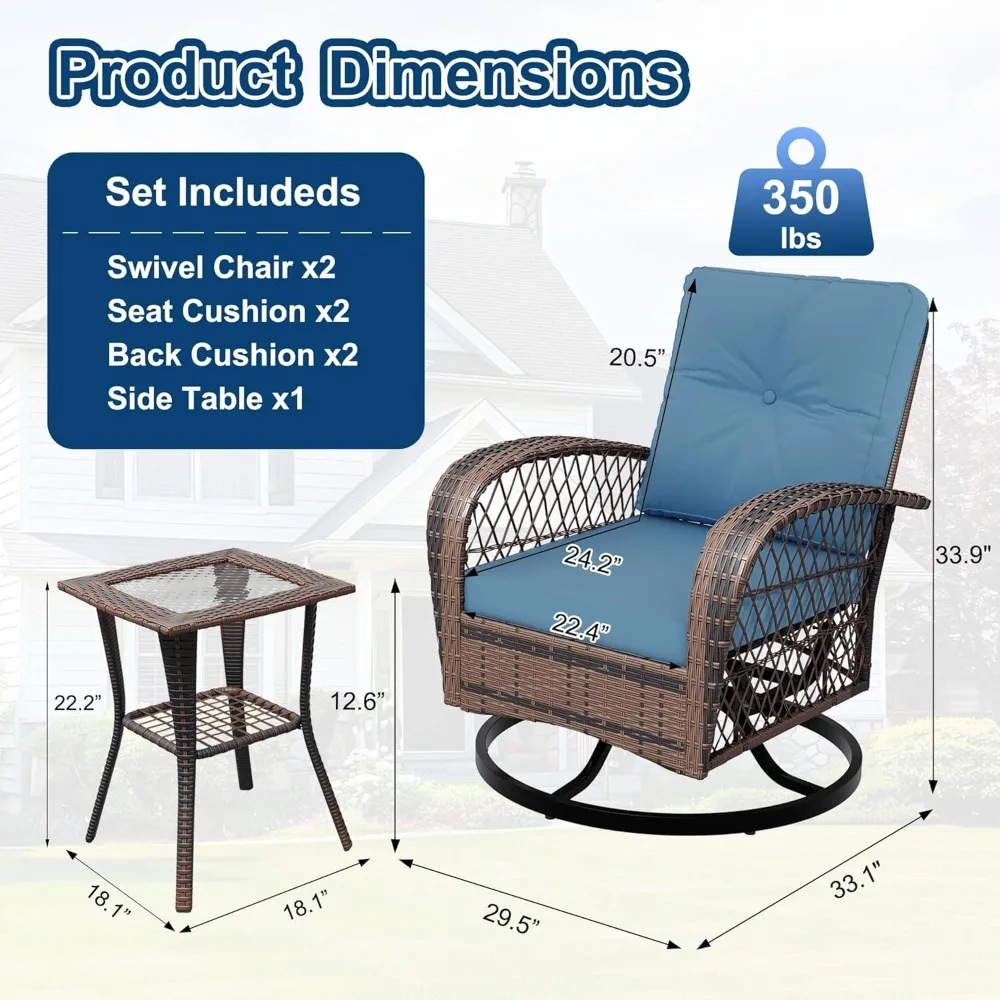 3 Piece Outdoor Swivel Chairs, Wicker Patio Bistro Set with Thickened Cushions and Side Table