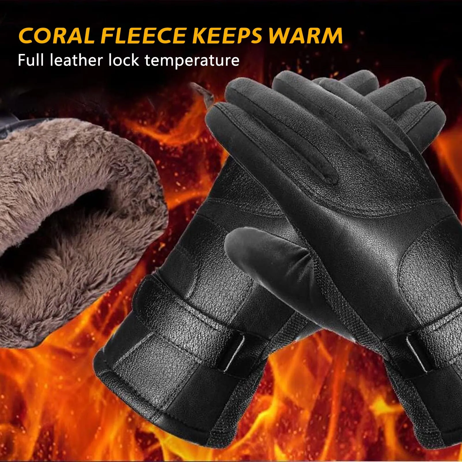 Men PU Leather Gloves Autumn Winter Warm Full Finger Black Driving Motorcycle Ski Non-slip Waterproof Cycling Working Gloves