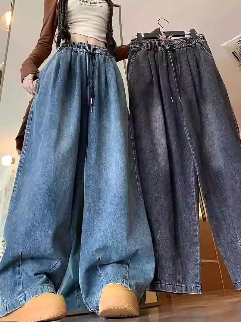 Calças Jeans Retrô Unissex com Cintura Elástica, Tendência Primavera, Estilo Cordão, Corte Reto Solto, Perna Larga com Caimen...
