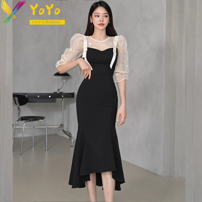 

Elegant Formal Black Hollow Lace Half Sleeve Panel Fishtail Dress Korean Summer Fashion Slim Bodycon Party Temperament Dress