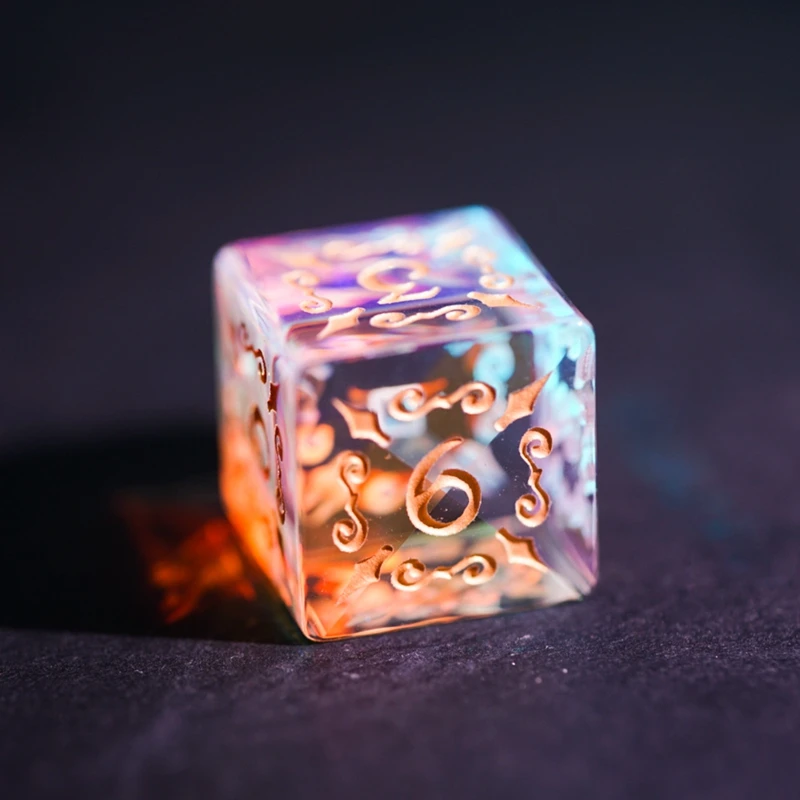 Fantasy Crystal D6 Dice Handmade Engraved Energy Symbol Dice For DND RPG COC Board Games Rainbow Stone Beads Customize Gifts