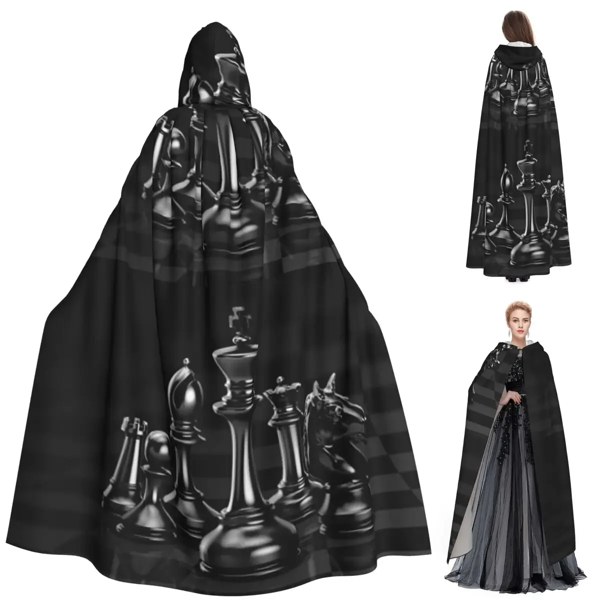 Custom Black King Chess The-chessboard Long Hooded Cloak Witch Medieval Costume Cosplay Cape HalloweenVampire Adult Unisex