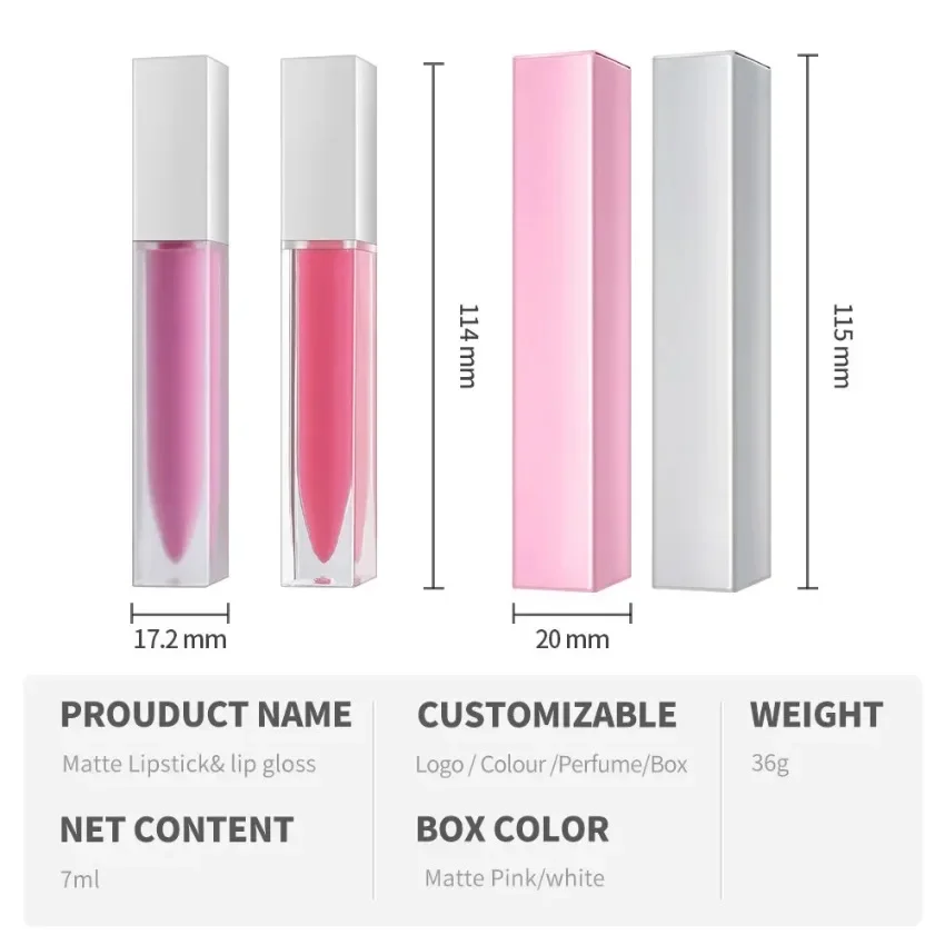 7ml Clear Frosted Square Tube Lip Gloss Matte Moisturizing Liquid Lipstick Lasting Non-sticky Makeup Private Label Custom Bulk