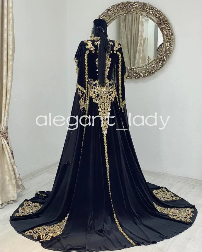 Black Velvet Caftan mariage Evening Formal Dresses with Cape Two Pieces Lace Applique Henna Moroccan Prom Gown Outfit