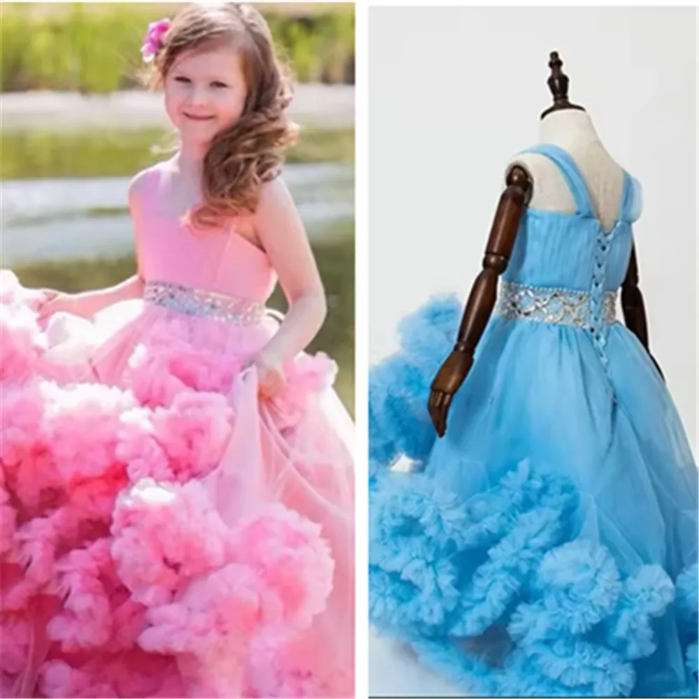 

Pink Flower Girl Dress For Wedding Sleeveless Layered Floor Length Princess Birthday Party Prom Pageant Ball Gown