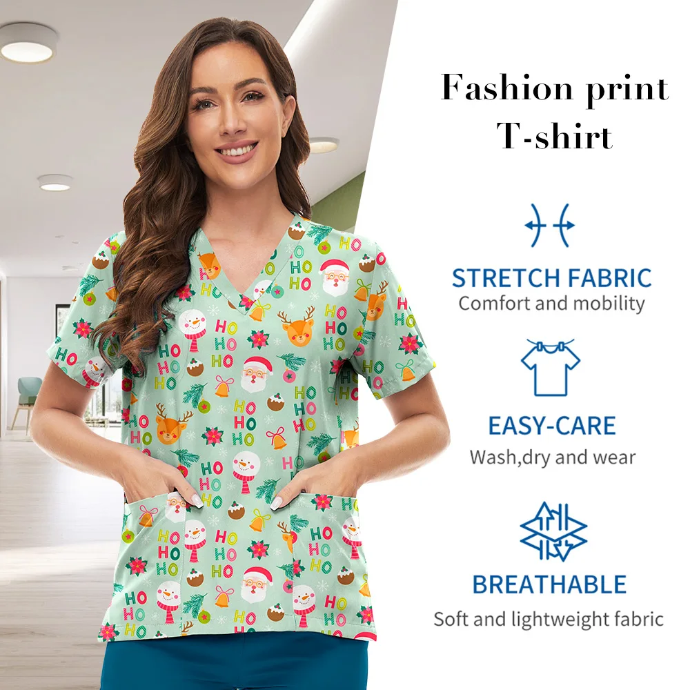 Niaahinn Christmas Surgical Scrubs Tops Women Summer Cartoon Pattern V-Neck Vet Nurse Scrubs Blouse Nurse Clothes Women Uniform