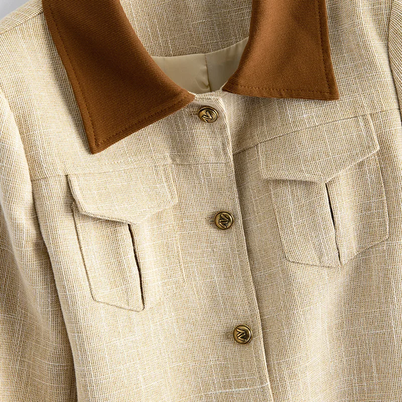 レディースカラーブロックツーピースラペルジャケット＋スカート 2025年春夏新作 小香風セット