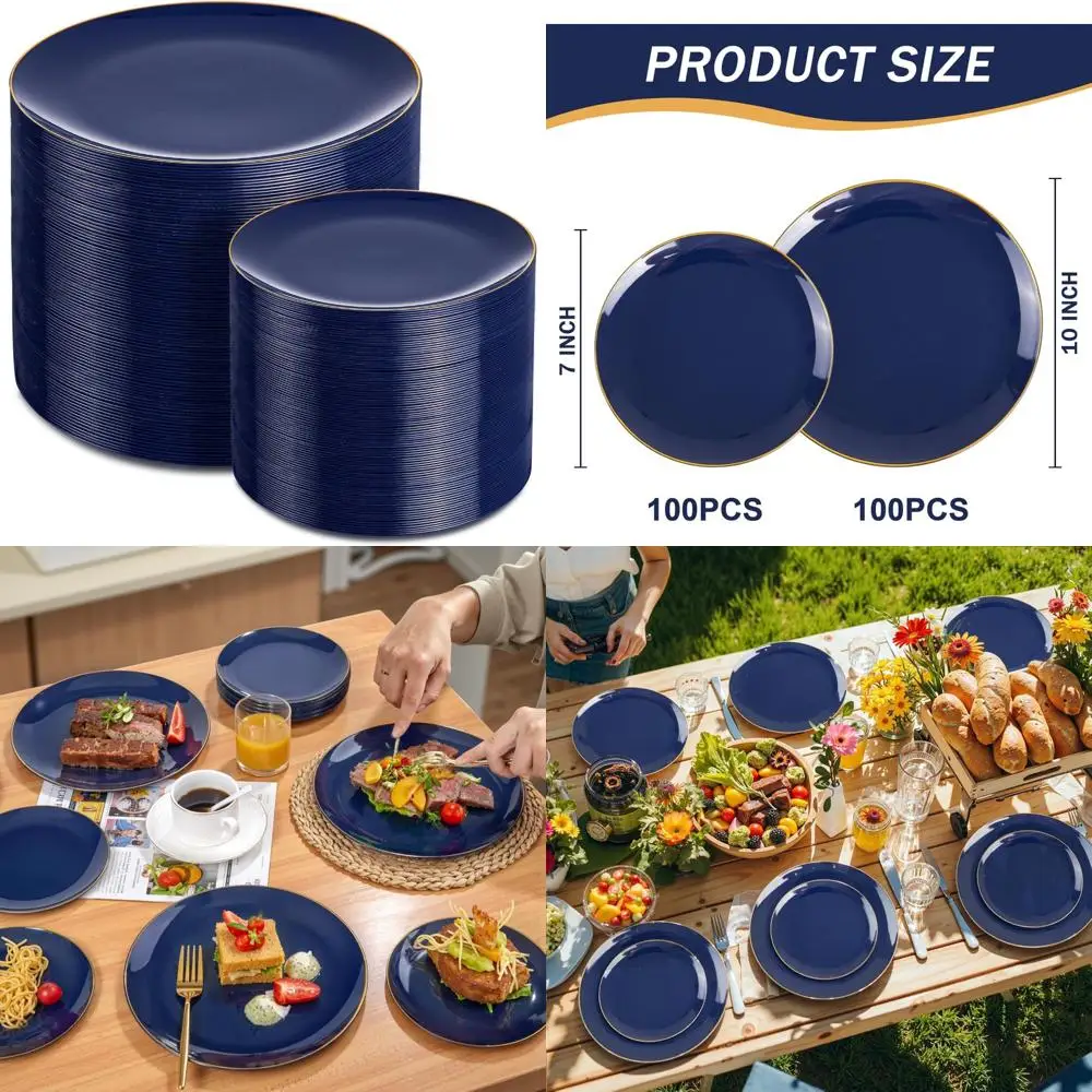 

Одноразовые тарелки темно-синего и золотого цвета, упаковка 200 штук — 100 10-дюймовых обеденных тарелок и 100 7-дюймовых десертных тарелок для элегантных мероприятий