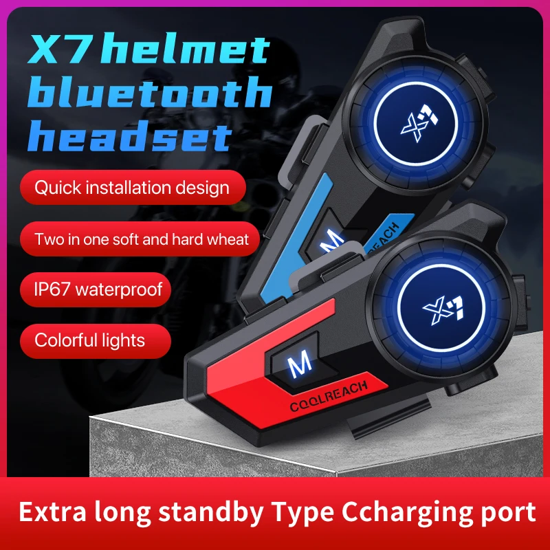 

X7 Motorcycle Helmet Bluetooth Headset With Breathing Light BT5.0 Headphones Hands-free IP67 Waterproof Voice Assistant 800mah