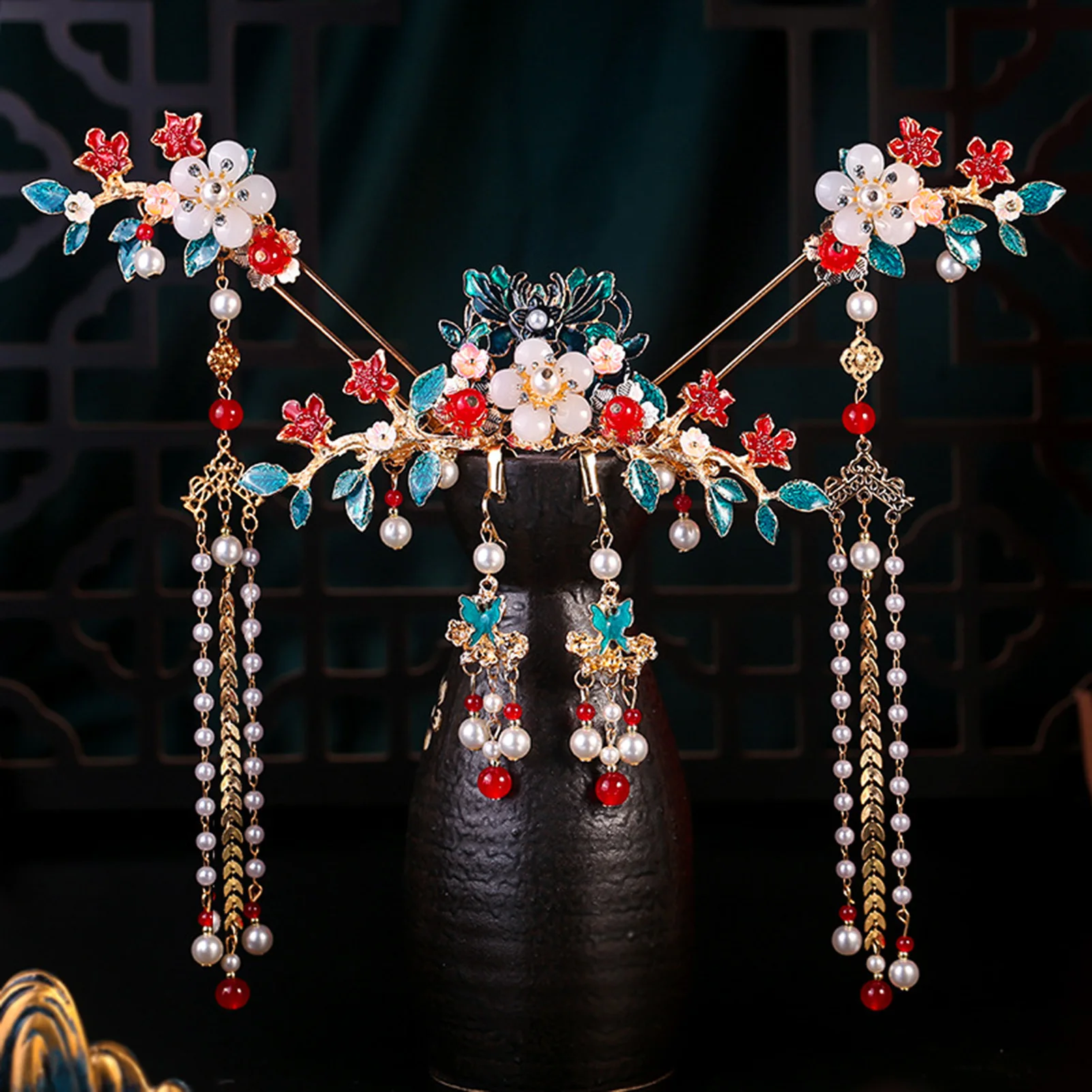 Chinesische Hanfu Haar Stick Haarnadel Ohrringe Haar Zubehör Set Lange Fransen Vintage Haarnadel Blume Handgemachte Hochzeit Haar Schmuck