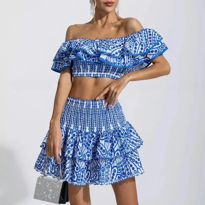 Runway Design Two Piece Sets Women Floral Embroidery Off The Shoulder Tops and Skirt Evening Party Vintage Skirt Sets