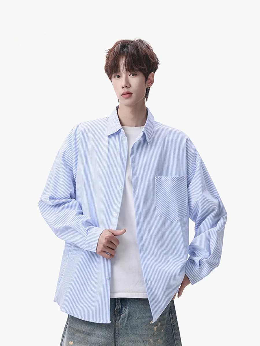 

Мужская рубашка в американском стиле, синяя в полоску, весенняя, модная, универсальная, в студенческом стиле, Cleanfit, с длинным рукавом, свободного кроя